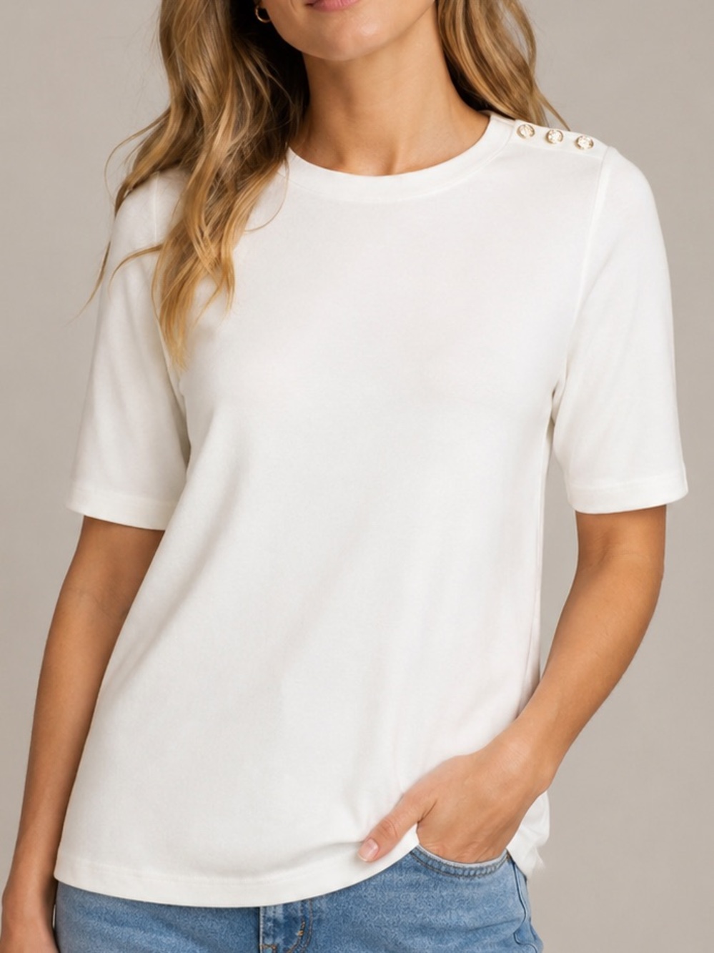 Lands’ End White 3/4 Sleeve Knit Top Gold Button Shoulder